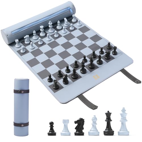 DN DECONATION Portable Travel Chess Set, Small Roll Up Chess Board with Resin Pieces, Traveling Chess Sets for Adults, Kids, Luxury Foldable Pocket Compact Game for Camping, Outdoor -Blue Leather Mat