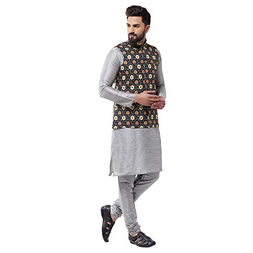 Image of SOJANYA (Since 1958 Men's Silk Blend Grey Kurta Pyjama & Printed Nehrujacket Combo