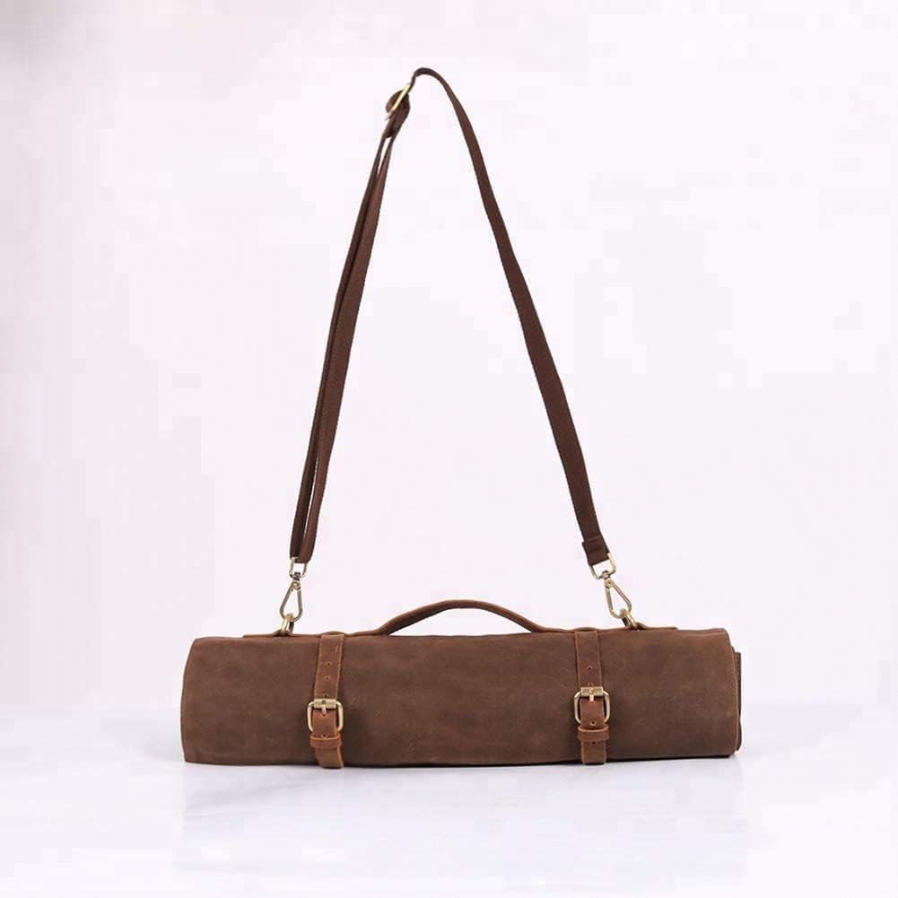 Chef Knife Roll Bag,Waxed Canvas Knife Bags with 10 Slots and 1 Zipper Pocket,Chef Bag for Chefs Professional Knife Roll Pouch with Shoulder Strap (Brown)