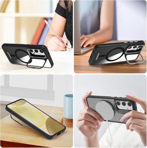 Image of VONZEE Polycarbonate Compatible for Samsung S25 Plus 5G Case,with Wireless Charging,(Not Compatible with Magsafe)Protective Case,Built-in Stash Stand Phone Case,Scratch-Resistant Back Cover,|Black