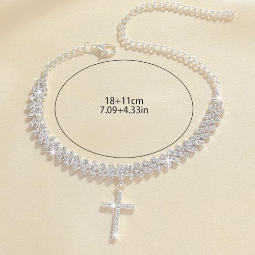 Image of Silver Anklets for Women Shiny Tennis Anklet Silver Adjustable Rhinestone Ankle Bracelets Waterproof Beach Anklets Bracelet for Women Foot Jewelry for Summer