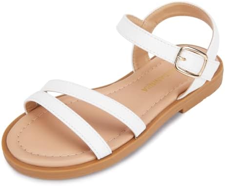 PANDANINJIA White Toddler Girls Sandals, Cute Open Toe Girls' Flats Summer Dress Shoes Sandals for Big/Little Kid (White Pu, 6 M US Toddler)