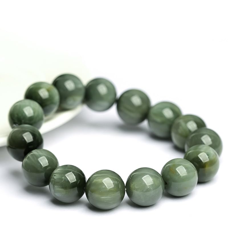 Pulsera de Cuarzo rutilado Verde Ojo de Gato Natural 7A – Pulsera elástica con Cuentas Redondas auténticas para Mujeres y Hombres, joyería de energía de Cristal curativo Pulido,8mm