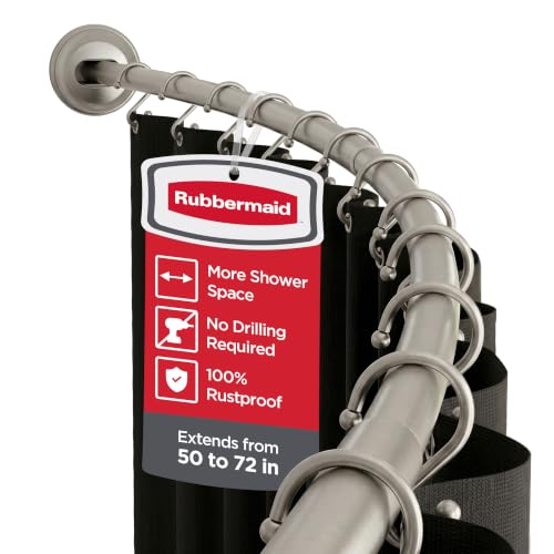 Rubbermaid Curved Shower Curtain Rod, No Drill, 50-72 Inches Adjustable Tension Shower Rod for Bathroom, Non-Slip, No Rust, Nickel