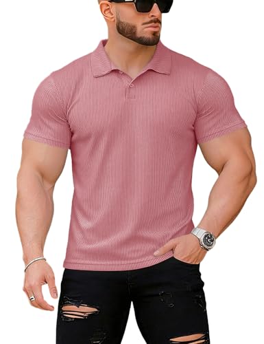 Muscle Cmdr Men's Slim Fit Muscle Polo Shirts Short Sleeve Stretch Quick Dry Tee Casual Golf Athletic T-Shirts (Pink XS)