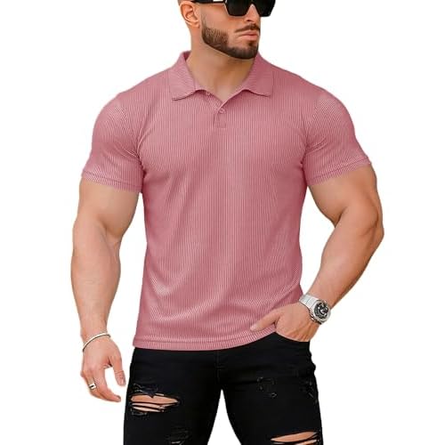 Muscle Cmdr Men's Slim Fit Muscle Polo Shirts Long&Short Sleeve Stretch Quick Dry Tee Casual Golf Athletic T-Shirts Small A/Pink-short