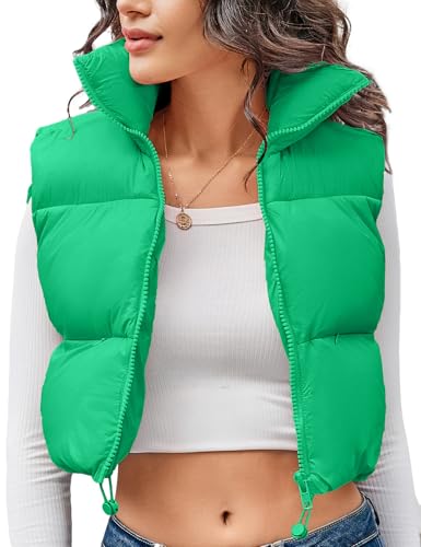 Kissonic Women's Cropped Puffer Vest Lightweight Fluffy Vest Sleeveless Warm Winter Outerwear(Green-L)