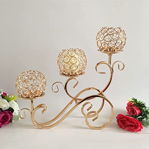 Crystal Candle Holders 3 Arms Candelabra Sparkling Elegant Candelabra Dining Table Decor for Wedding Gold (Gold)