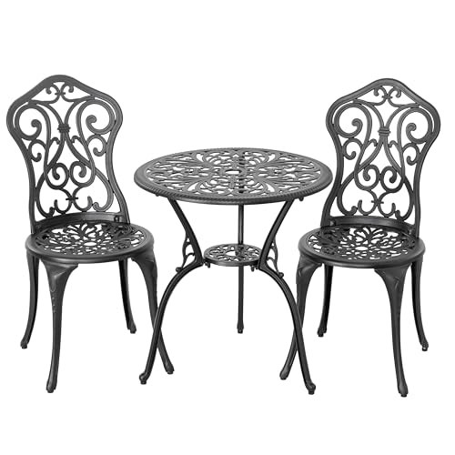 Image of NUU GARDEN 3-Piece Outdoor Bistro Set with 2 Chairs and Round Table with Umbrella Hole, All-Weather Patio Set for Garden, Porch, Lawn, Poolside, Black