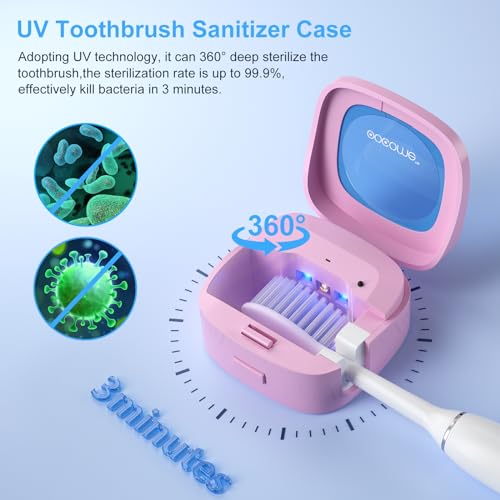 OOCOME UV-Desinfektionsgerät für Zahnbürsten mit Halter, tragbarer Zahnbürsten-Sterilisator zur Tiefenreinigung, Zahnbürstenreinigerhalter mit Aufkleber, Organizer für Reisen, Familie, Rose
