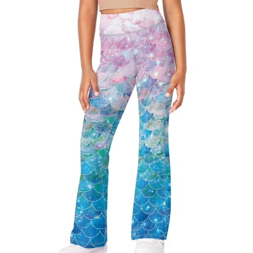 Mermaid Scales Girls Flare Leggings Kids Bell Bottom Cross High Waisted Dance Yoga Flared Pants3