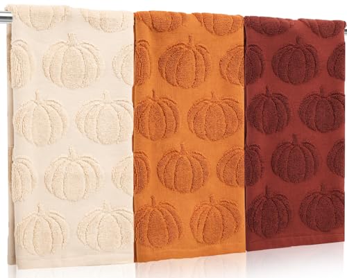 Whaline 3 Pcs Fall Hand Towel Beige Orange Brown 3D Pumpkin Jacquard Cotton Towel Absorbent Dish Towels for Autumn Harvest Thanksgiving Kitchen Bathroom 13.8 x 29.5 Inch