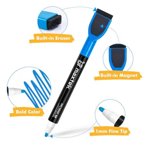 maxtek magnetic whiteboard markers - 12 count colorful fine tip dry erase markers with eraser for kids low odor thin markers for calendar boards