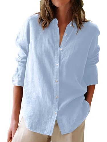 Button Down Shirts for Women Cotton Oxford Shirts Long Sleeve Dress Shirts Collared Blouses Work Casual Solid Tunic Tops - Light Blue S