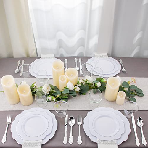 Noccur 175Pcs Silver Plastic Plates - Christmas Plates - Silver Rim Plastic Tableware Include 25Dinner Plates, 25Dessert Plates, 25Forks, 25Knives, 25Spoons For Wedding And Party #TOP5