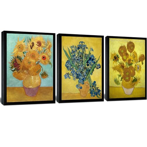 Black Framed Sunflower and Irises by Vincent Van Gogh Oil Paintings Reproduction Modern Floral Canvas Prints Artwork Flowers Pictures Canvas Wall Art for Bedroom Wall Decor 16"x24"x3 Piece