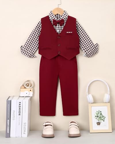 Image of ZOEREA Toddler Boy Suit Formal Wedding Outfits Gentleman Clothes Long Sleeve Shirt + Suspender Pants + Bowtie