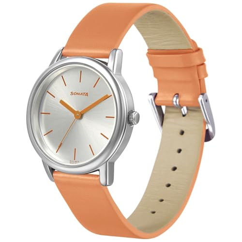 Image of Sonata Excl Fkt Plain 3 Hands Silver Round Dial Orange A1Leather Strap Women's Watch - 8172SL04