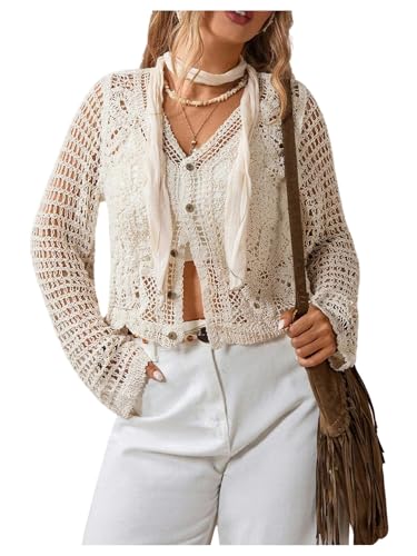 MakeMeChic Women's Plus Size Crochet Sweater Cardigan Button Down Long Sleeve Lightweight Outerwear