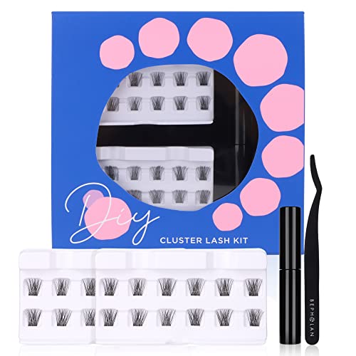 BEPHOLAN DIY Eyelash Extension, Individual Cluster Lashes, 3D Clear Super-Fine Band Lash Cluster, Home Eyelash Extension With Cluster Glue And Applicator, C Curl 12mm&14mm Mixed Length