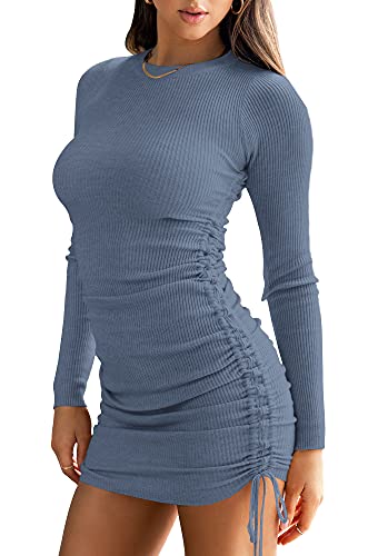 NENONA Women s Crewneck Strings Ruched Midi Dress Long Sleeve Side Drawstring Sexy Clubwear Casual Bodycon Dresses(Baby Blue-L)