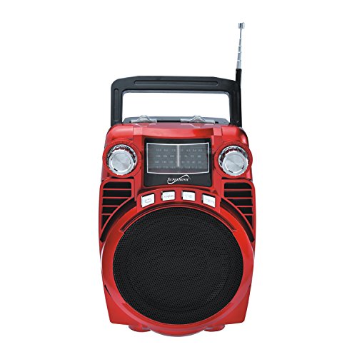 Supersonic SC-1390BT Bluetooth 4 Band Radio, Portable Lightweight AM/FM/SW1-2 Bands w/Built-in BT Compatible for BT Enabled Devices, USB/SD/AUX Input, Rechargeable Battery & Carrying Handle (Red)