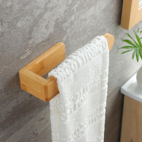 Image of Taozun Towel Holder Bamboo Towel Rack Wooden Towel Rail Adhesive Towel Bar | Natural wood decor, Farmhouse style, Sturdy, 7.9 Inche, Easy Install, No Drill, For Bathroom /Bath /Kitchen /RV