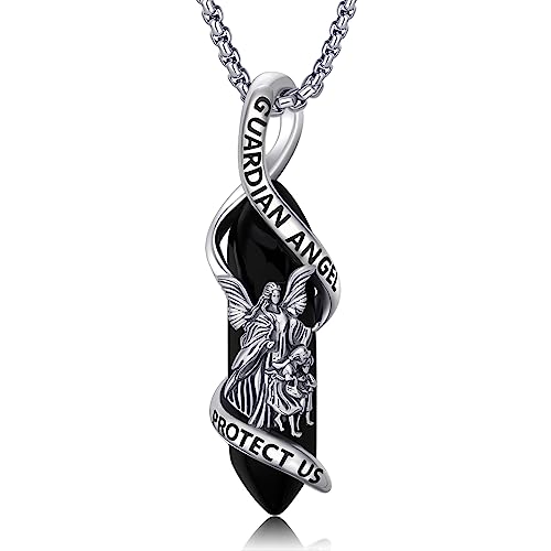 Brisskaari Guardian Angel Necklace Silver Black Crystal Catholic Religious