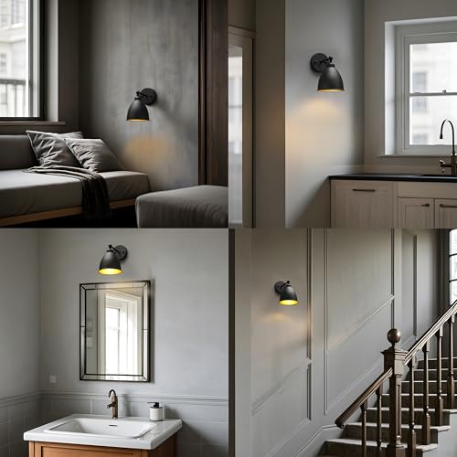 Image of Phansthy Industrial Hardwire Wall Sconce Vintage Farmhouse Wall Light Fixture, Right-Angled Wall Lights with Rustic Metal Lampshade for Bedroom, Living Room, Reading, Kitchen (Black, 2 Pack)