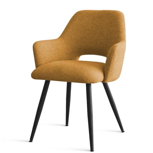 Image of Finch Fox Motel Luxurious Home Collection Upholstery Fabric Arm Dining Room Chairs in Mustard Color with Black Metal Powder Coated Legs (Set of 4)
