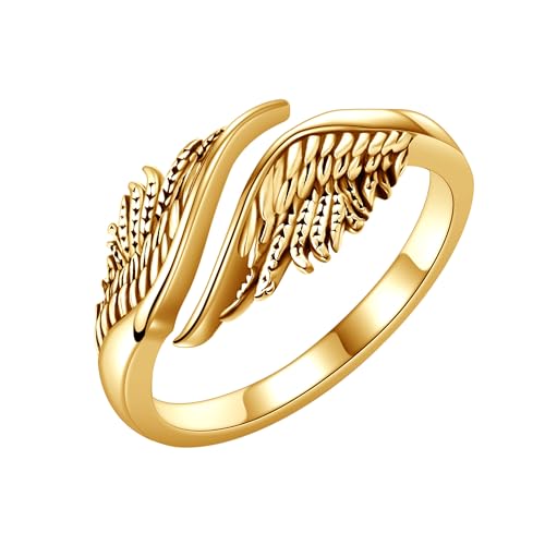 Image of DAYLINLOVE Angel Wing Ring 925 Sterling Silver Feather Angel Wing Adjustable Open Thumb Ring Angel Christian Religious Jewellery Gifts for Women Girls(14K Gold Plated)