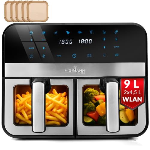 LEHMANN Heißluftfritteuse 2 Kammern 9 L, 2x 4,5 L Schublade mit Sichtfenster, Touchscreen und WLAN-App-Steuerung, 80-200°C, 12 Programmen, energiesparend, XXL Air Fryer Doppelkammer für Familien