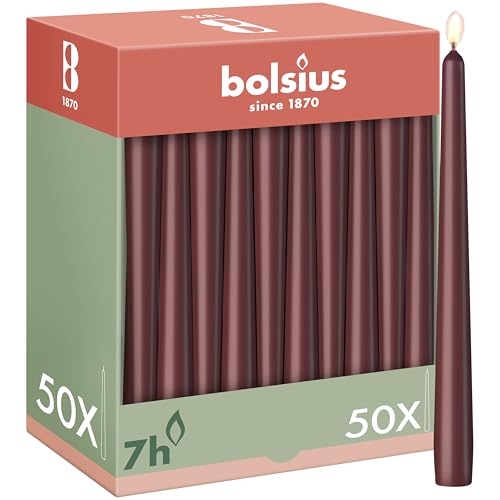 Bolsius Smooth Tapered Candles - Bordeaux Red - Pack of 50-24.5 cm - Decorative Household Candles - Burning Time 7 Hours - Unscented - Contains Natural Plant Wax - Without Palm Oil