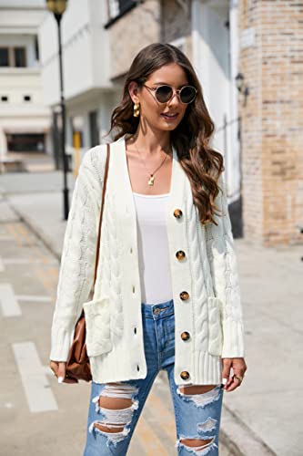 Image of MISSKY Casual Cable Knit Sweater Cardigan for Women Loose Long Sleeve Open Front Button Outwear with Pockets Beige L