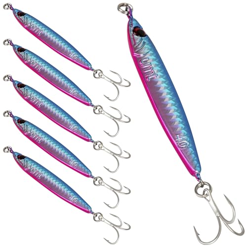 40g Vertical Casting Jigs Set with Super Sharp Treble Hooks, Pink-Blue - Saltwater & Freshwater Compatible / 5 Pack