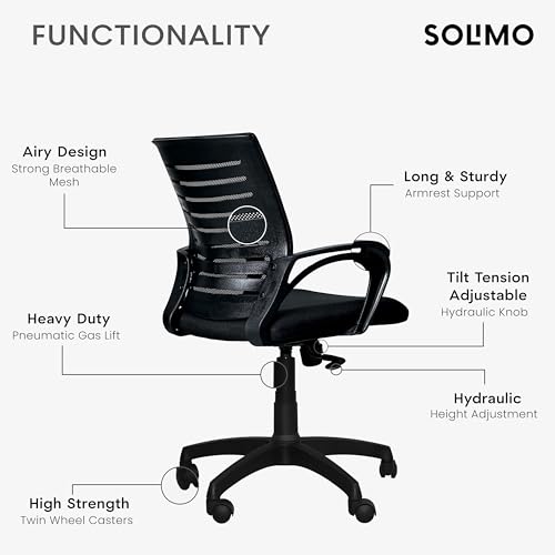 Image of Amazon Brand - Solimo Sitly Mid Back Revolving Office Chair for Work from Home, Study, and Computer Use | Heavy Duty Base | Ergonomic Mesh Design | Durable & Comfortable Seating (Black Mesh)