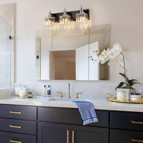 HUOKU Black Chrome Bathroom Vanity Lights, Modern 3 Lights Crystal Bathroom Lighting Fixtures Over Mirror Wall Light with Square Shade