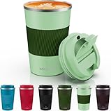 MOMSIV 12oz Travel Mug, Insulated Coffee Cup with Leakproof Lid, Vacuum Stainless Steel Double Walled Reusable Tumbler for Hot and Cold Water Coffee and Tea In Travel and Car (Green-380ml)