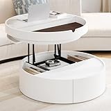 RuiSiSi Lift Top Coffee Table with Hidden Storage, 29.5' Round Lift Center Table with Drawer,Cocktail Table with Marble and Wood Grain Tabletop, for Living Room Apartment Office, White
