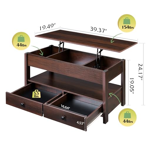 Image of WLIVE Lift Top Coffee Table with 2 Drawers, Large Storage, Espresso
