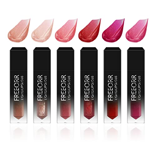 FREEORR 6 Colors Glitter Liquid Lip Gloss Mirror Series, High Pigmented Glitter Liquid Lipstick Hydrating Plumping Lip Gloss, Non-sticky Shine&Shimmer, 6Pcs Liquid Lipstick/Lipgloss Kit/Set Lip Makeup Gift for Women Girls