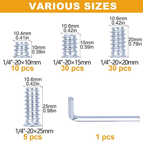 Kurui 1/4-20 Threaded Inserts For Wood, 75Pcs Hex Drive Threaded Wood Inserts Assortment Kit, 4 Sizes Nut Inserts 1/4-20 * 10Mm, 1/4-20 * 15Mm, 1/4-20 * 20Mm, 1/4-20 * 25Mm, With Organizer Box #TOP3