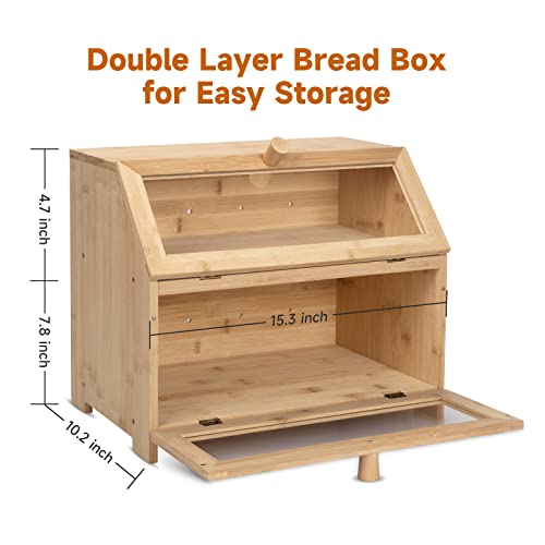 Bread Box Double Layer Bread Box For Kitchen Countertop Bamboo Bread Storage Container Bread Holder For 2 Large Loaves Of Bread #TOP2