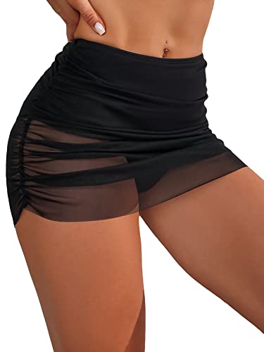 OYOANGLE Women's Mesh Sheer High Waisted Ruched Short Swim Skirt Swimsuit Bikini Bottoms