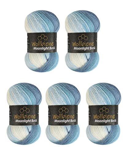 Wollbiene Moonlight Batik 5 x 100g Farbverlauf Strickwolle 500g zum Häkeln 20% türkische Wolle blau-weiß Farbverlauf