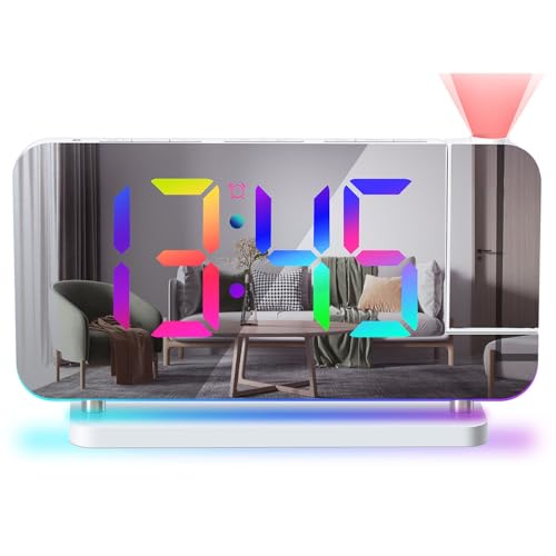 投影時計 プロジェクター式時計 目覚まし時計 RGB カラフル 6段階明るさ調光器 11色 明るさと色を調整可能 自宅、部屋、オフィスに最適 (ホワイト)