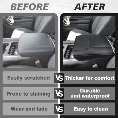 Muslogy Center Console Armrest Cover Compatible with Ram1500 2500 3500 2019-2025 2026 Comfort Armrest Pad Arm Rest Cushion Vegan Leather Protector Regular Thick(Bucket Seat ONLY, NO Limited,Laramie) — view 6