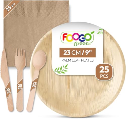 FOOGO Green 125pcs Disposable Palm Leaf Plates, Wooden Cutlery Set and Brown Napkins, FSC® Certified, 25x Large Round Plates, 25x Forks, 25x Knives, 25x Spoons, 25x Brown Napkins, Eco Biodegradable