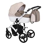 KUNERT Kinderwagen TIARO Sportwagen Babywagen Autositz Babyschale Komplettset Kinder Wagen Set 3 in 1 (Braun mit Creme, Rahmenfarbe: Weiß, 3in1)