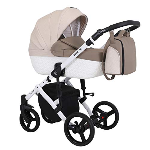 KUNERT Kinderwagen TIARO Sportwagen Babywagen Autositz Babyschale Komplettset Kinder Wagen Set 3 in 1 (Braun mit Creme, Rahmenfarbe: Weiß, 3in1)